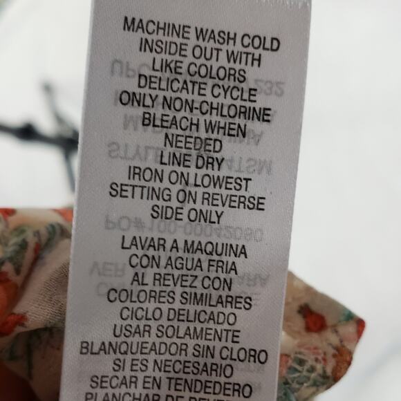 Democracy Blouse Women L Sheer Poet Top Button-up Floral Lace Inserts High Low - Picture 6 of 7